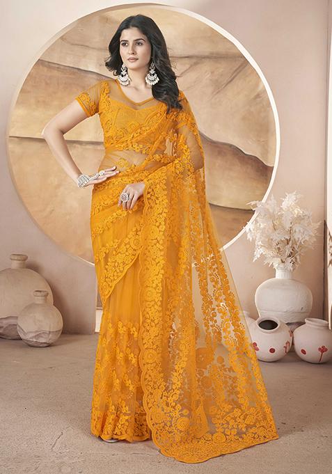 Yellow Embroidered Net Saree Set