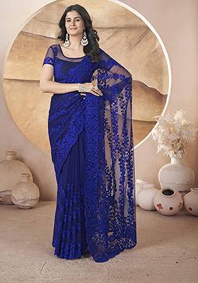 Blue Embroidered Net Saree Set
