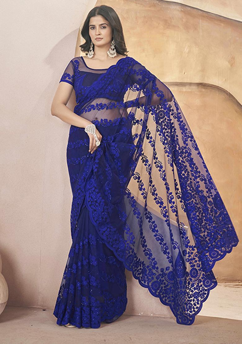 Blue Embroidered Net Saree Set - Indya