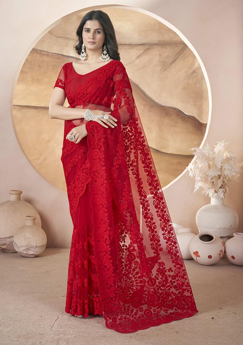 Red Embroidered Net Saree Set