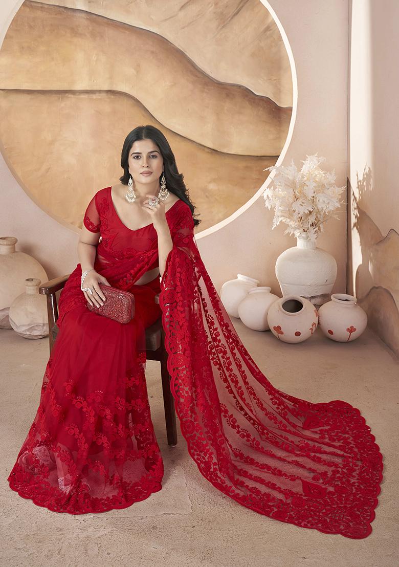 Red Embroidered Net Saree Set