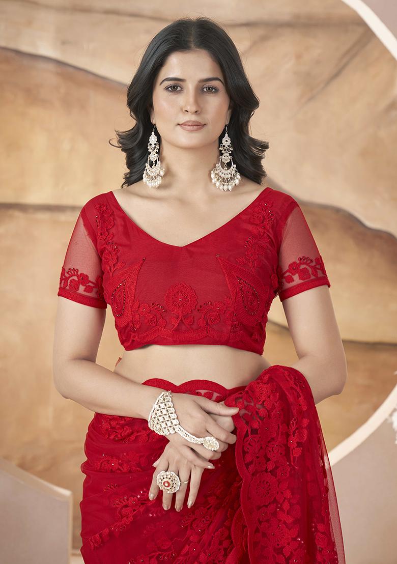 Red Embroidered Net Saree Set