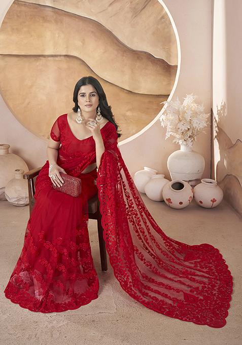 Red Embroidered Net Saree Set
