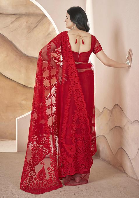 Red Embroidered Net Saree Set