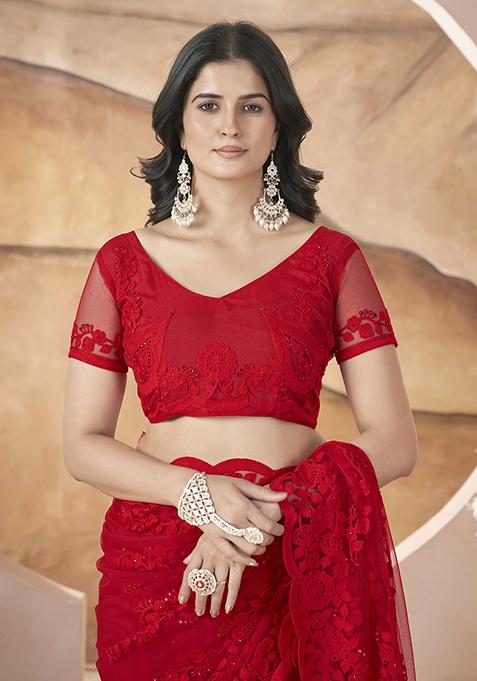 Red Embroidered Net Saree Set