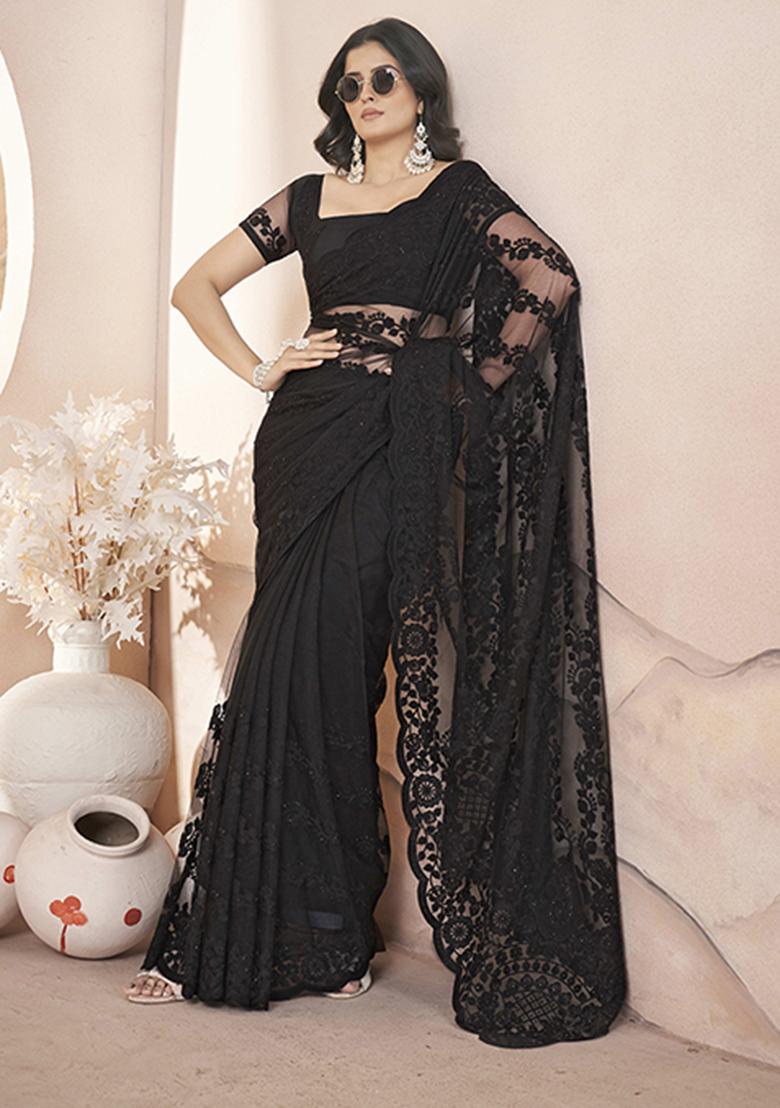 Black Embroidered Net Saree Set - Indya
