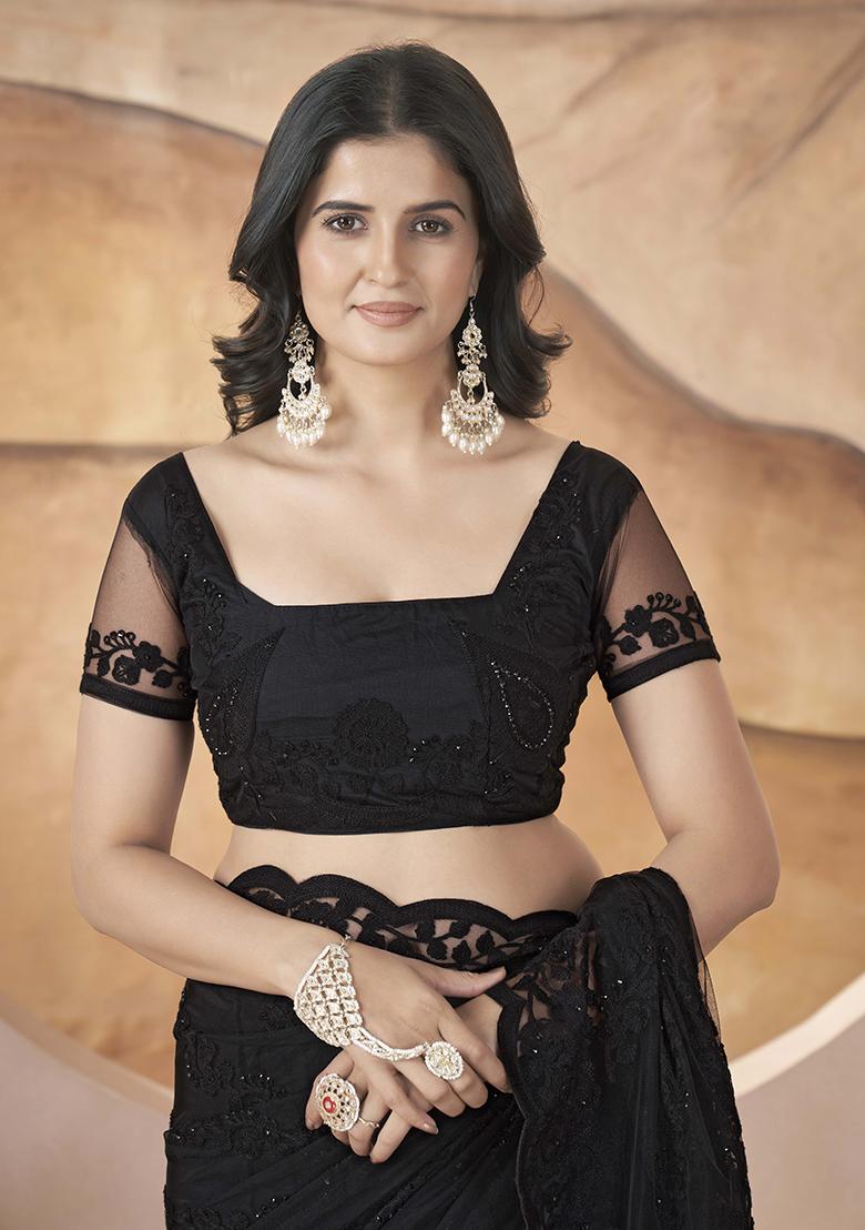 Black Embroidered Net Saree Set - Indya