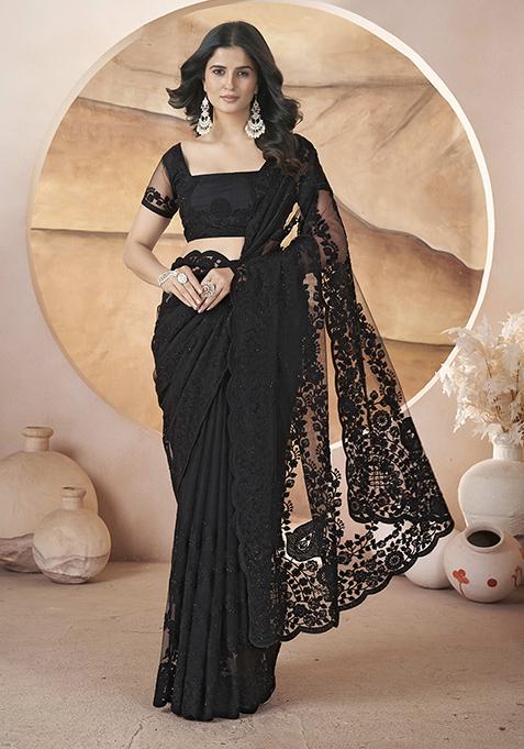 Black Embroidered Net Saree Set