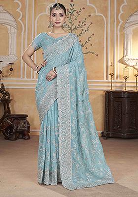 Blue Embroidered Chiffon Saree Set