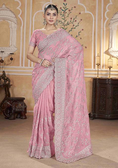 Pink Embroidered Chiffon Saree Set