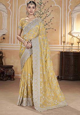 Yellow Embroidered Chiffon Saree Set