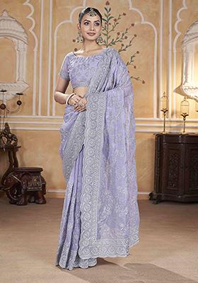 Lavender Embroidered Chiffon Saree Set