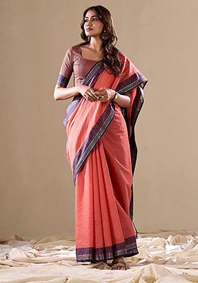 Peach Woven Art Silk Saree Set