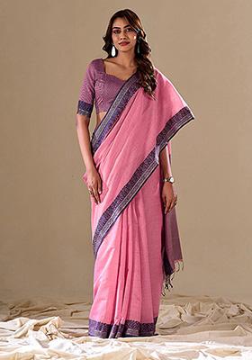 Pink Woven Art Silk Saree Set
