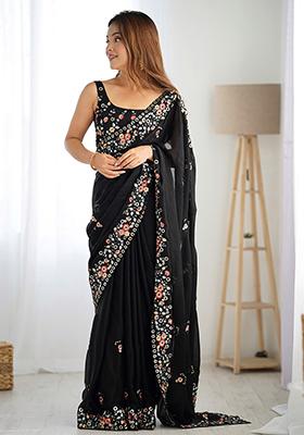 Black Embroidered Chiffon Saree Set