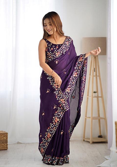 Purple Embroidered Chiffon Saree Set