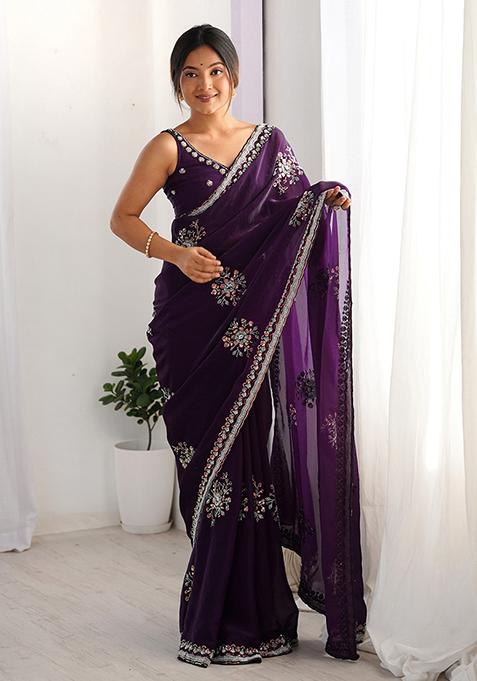 Purple Embroidered Satin Saree Set