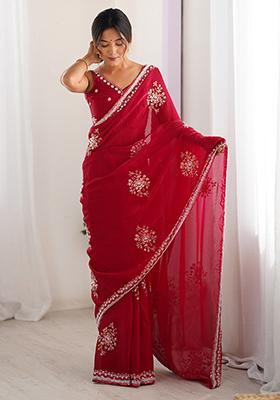 Cheery Red Embroidered Satin Saree Set
