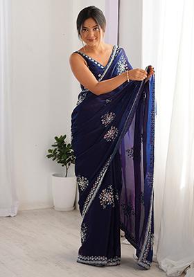 Blue Embroidered Satin Saree Set