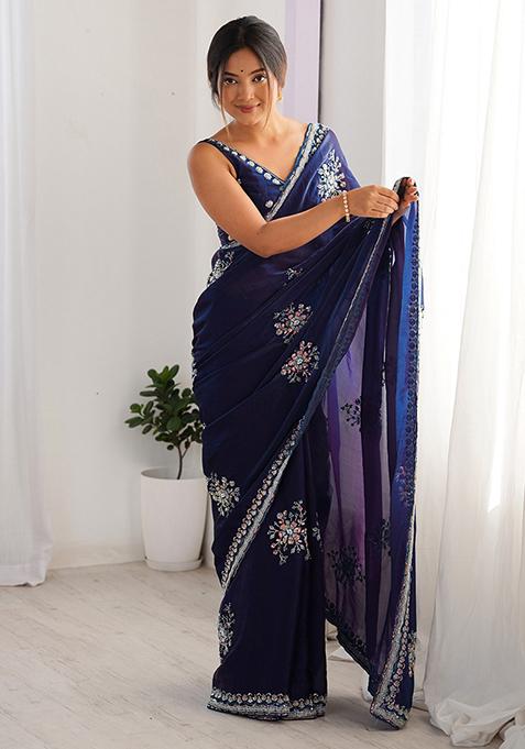 Blue Embroidered Satin Saree Set