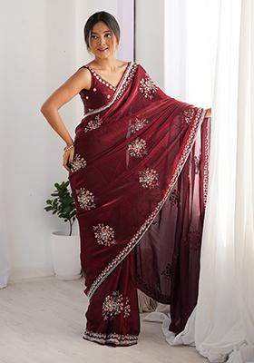 Wine Embroidered Satin Saree Set