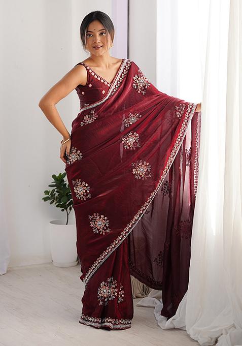 Wine Embroidered Satin Saree Set