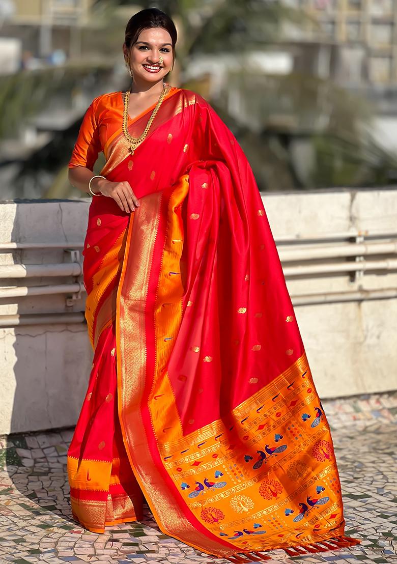 Red Woven Silk Blend Saree Set
