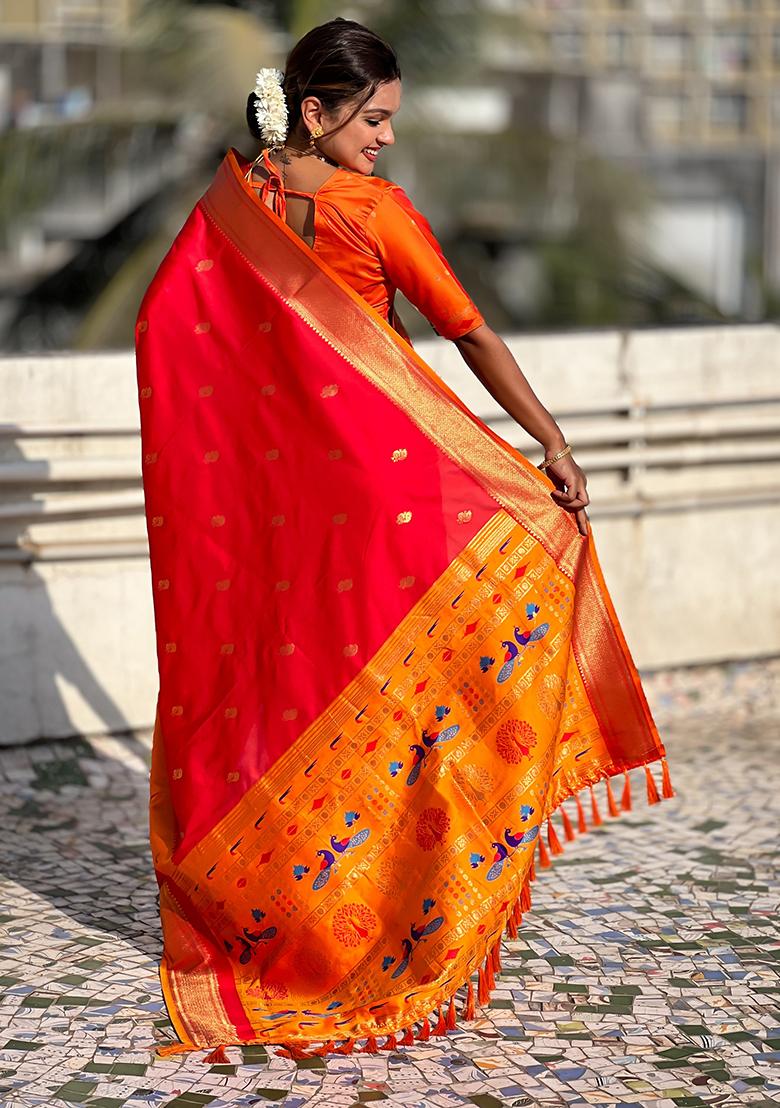 Red Woven Silk Blend Saree Set