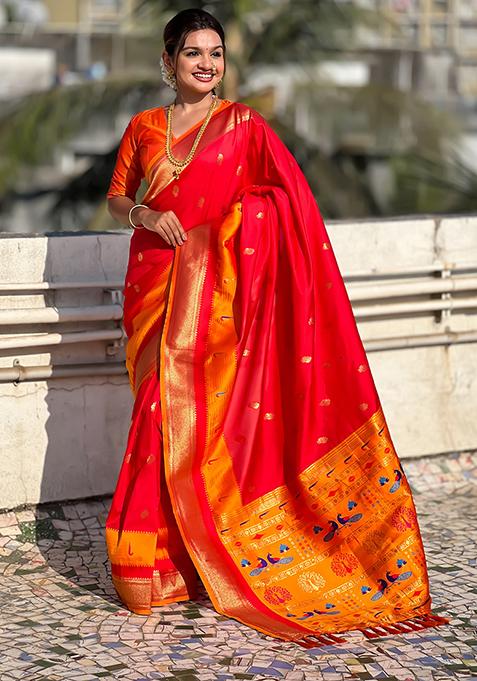 Red Woven Silk Blend Saree Set
