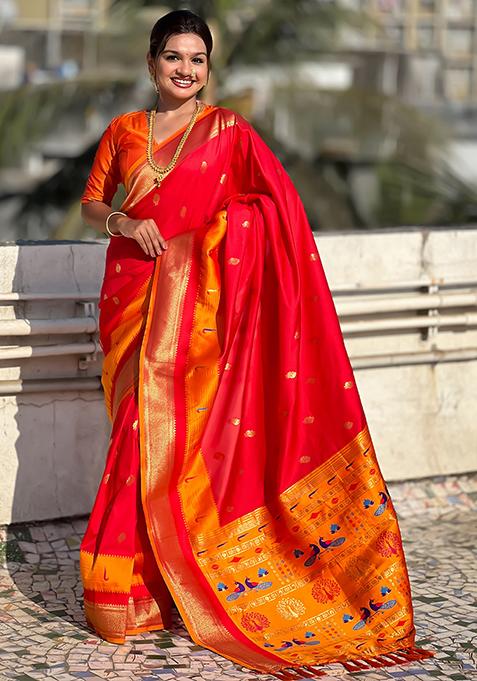 Red Woven Silk Blend Saree Set