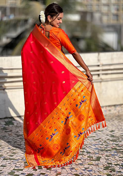 Red Woven Silk Blend Saree Set