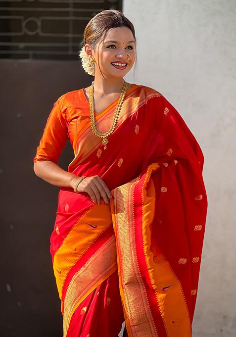 Red Woven Silk Blend Saree Set