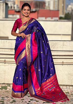 Blue Woven Silk Blend Saree Set