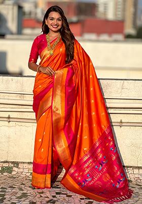 Orange Woven Silk Blend Saree Set