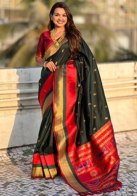 Green Woven Silk Blend Saree Set
