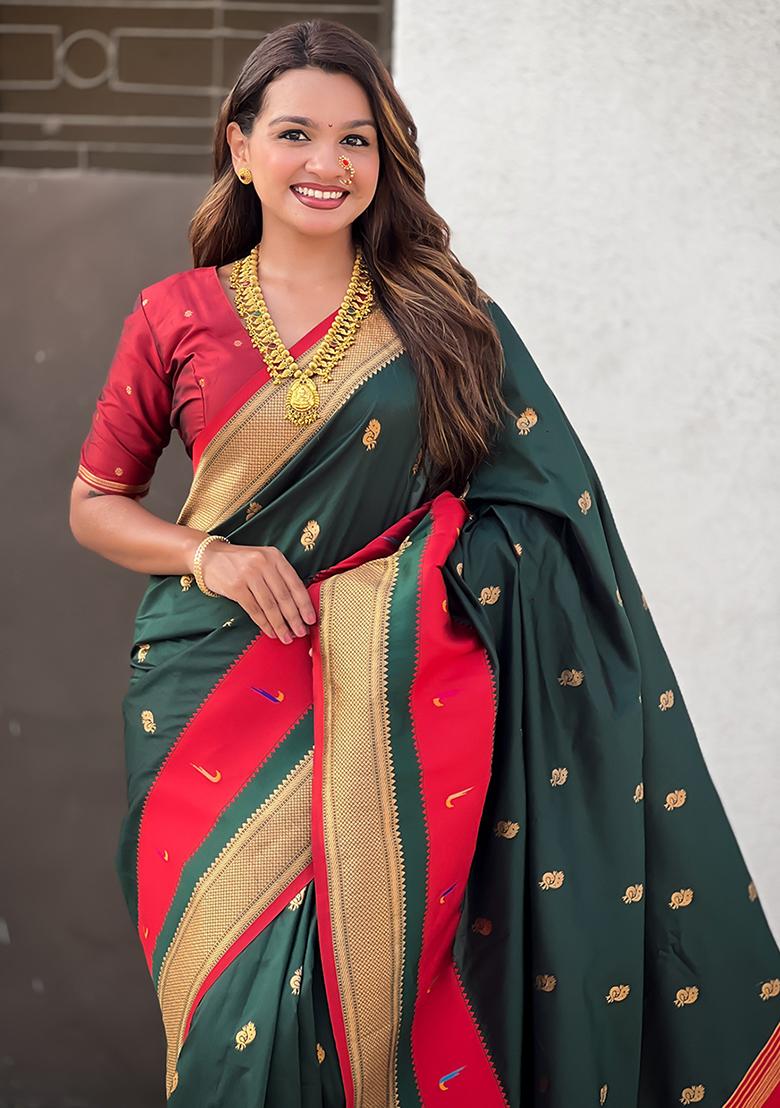 Green Woven Silk Blend Saree Set - Indya
