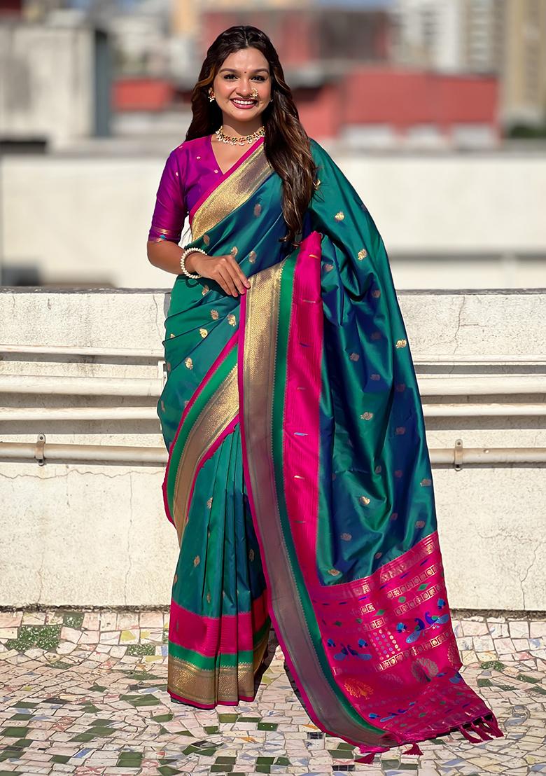 Sea Green Woven Silk Blend Saree Set