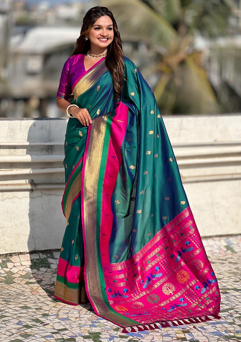 Sea Green Woven Silk Blend Saree Set