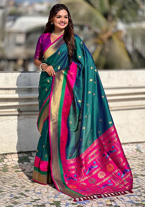 Sea Green Woven Silk Blend Saree Set