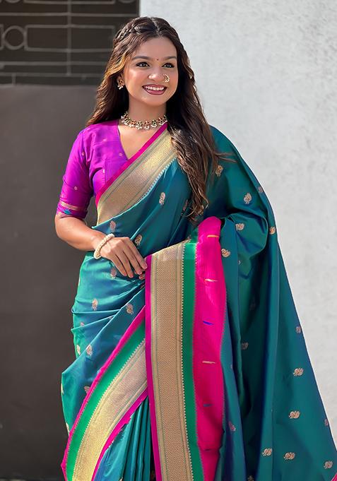 Sea Green Woven Silk Blend Saree Set