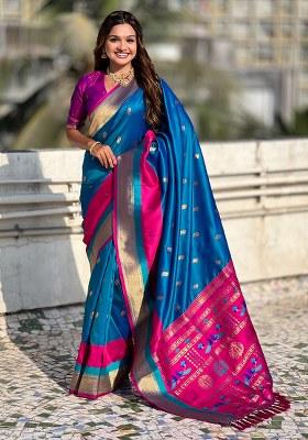 Blue Woven Silk Blend Saree Set