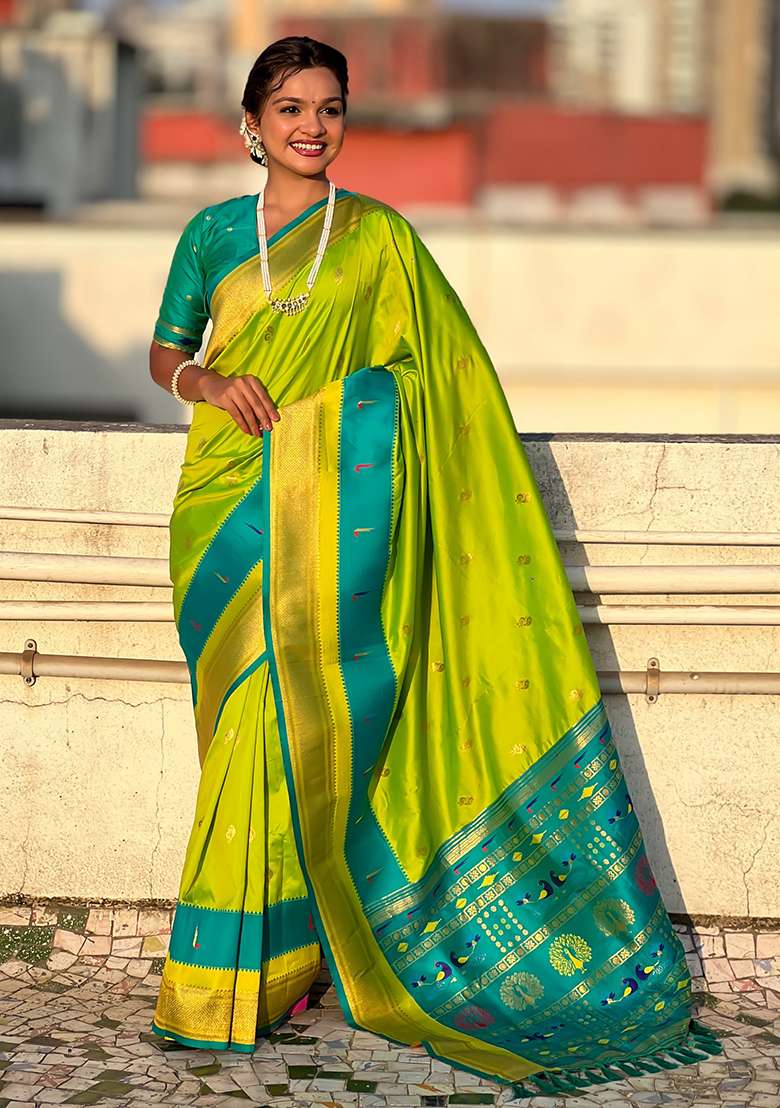 Green Woven Silk Blend Saree Set - Indya