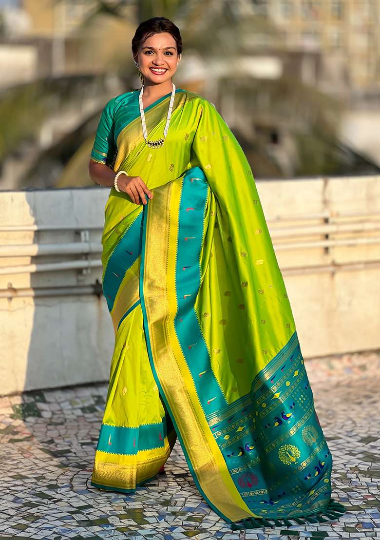 Green Woven Silk Blend Saree Set - Indya