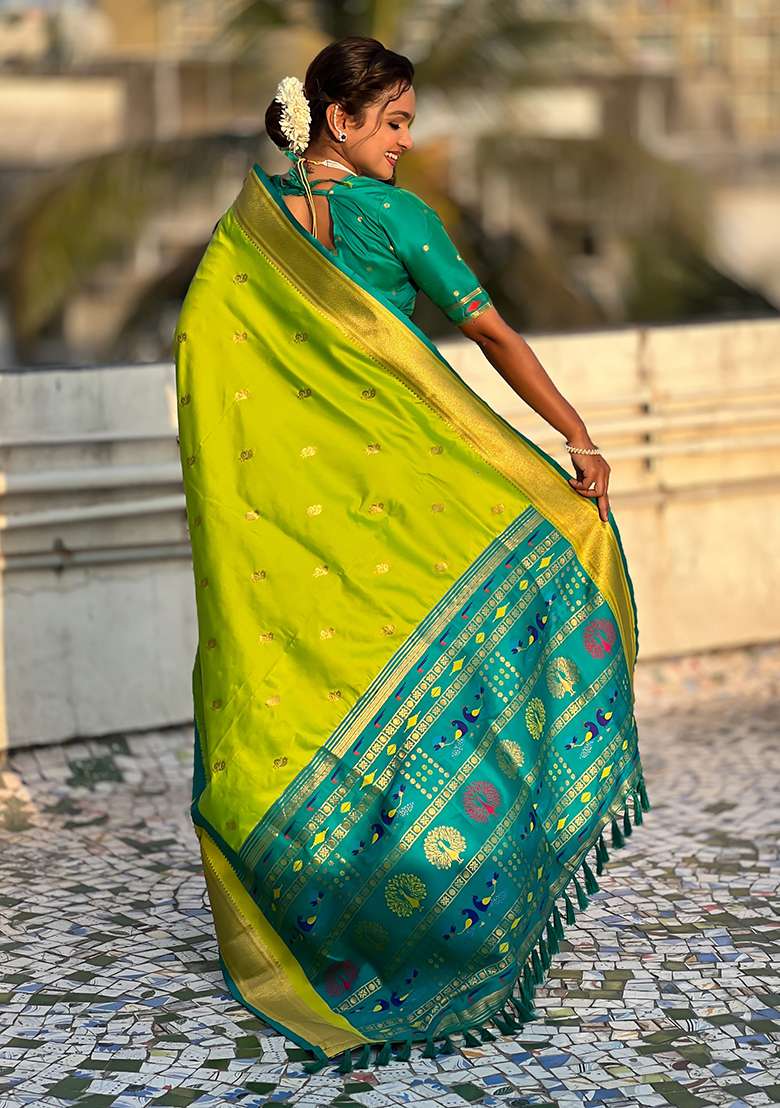 Green Woven Silk Blend Saree Set - Indya