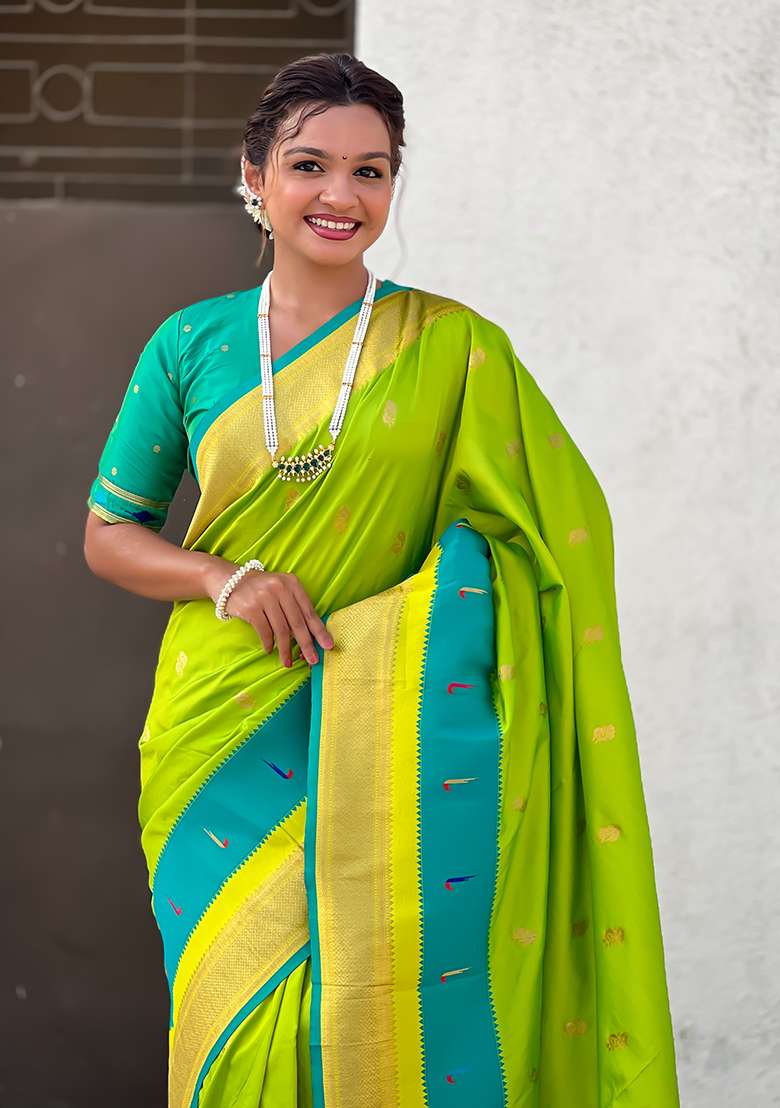 Green Woven Silk Blend Saree Set - Indya