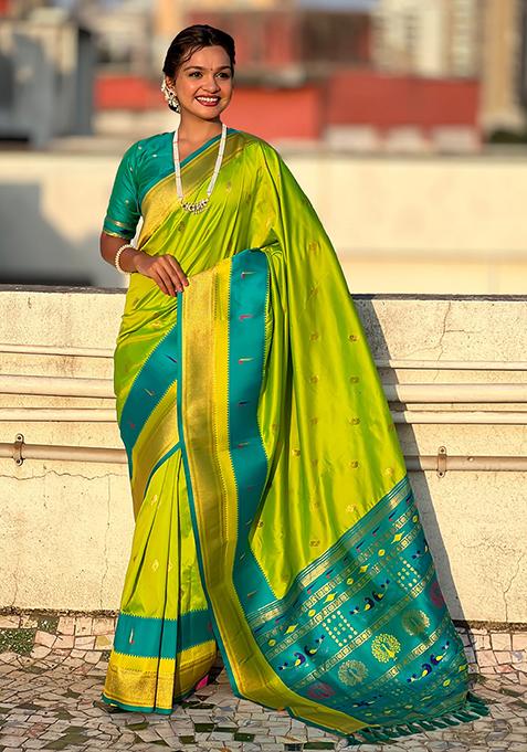 Green Woven Silk Blend Saree Set