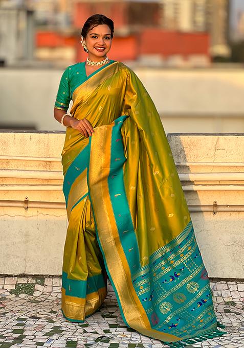 Green Woven Silk Blend Saree Set