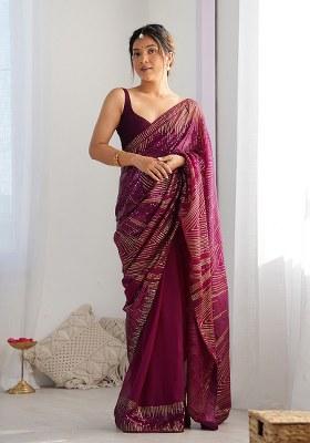 Wine Embroidered Faux Georgette Saree Set