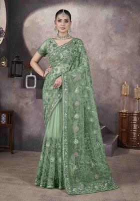 Green Embroidered Net Saree Set