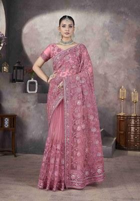 Pink Embroidered Net Saree Set